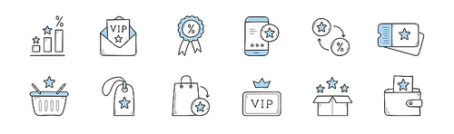 Loyalty program icons, customer reward, bonus, discount card. Vector hand drawn signs of loyal clients incentive, exclusive benefits and gifts for vip members
