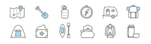 Set of camping and hiking doodle icons. Map with route, spade, compass, trailer, rucksack or tent. First aid kit, kayak with paddle, kettle, lantern, water and vacuum flask, Line art vector signs