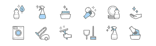 Set of cleaning and household doodle icons. Detergent bottle, vacuum cleaner, spray, sparkling dishes, hand with sponge, plates, washing machine, scoop with brush, rubber glove, Line art vector signs