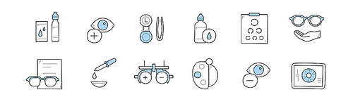 Set of optometry, eye check, health care doodle icons. Medical sight test, laser surgery, glasses, solution and and eyedropper. Optician board, oculist chart and equipment Line art vector illustration