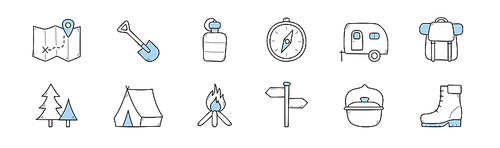 Summer camp icons with tent, backpack, map, compass and fire. Vector set of hand drawn symbols of hiking equipment, campfire, trailer, shovel, shoes, bowler and signpost