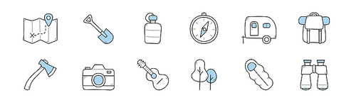 Camp icons with backpack, guitar, map, compass and binocular. Vector set of sketch symbols of hiking and travel equipment, car trailer, shovel, bottle, photo camera, sleeping bag and axe