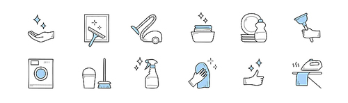 Sketch icons of cleaning service with vacuum cleaner, bucket, broom, spray and washing machine. Vector set of hand drawn signs of professional housework and laundry