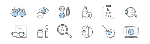Sketch icons of ophthalmology, optometry with eye, vision test chart, contact lenses, drops and glasses. Vector hand drawn symbols of eyesight health care, oculist medical exam