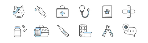Veterinary clinic icons with doctor case, syringe, cat with bandage, grooming tools, thermometer and stethoscope. Vector hand drawn symbols of veterinarian medicine, sick pet healthcare