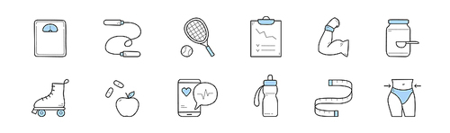 healthy lifestyle icons with sport equipment, muscular arm, weight loss food, scale and measure tape. vector hand drawn signs of fitness, exercises and health with water bottle, apple and slim waist