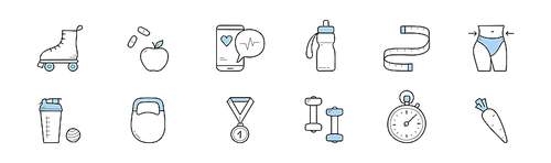 Fitness, healthy lifestyle doodle icons. Isolated vector roller skates, apple, pills and mobile app, water bottle, meter and slim figure. Shaker, weight, medal and dumbbells with stopwatch and carrot