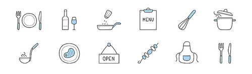 Doodle icons of food, kitchen, restaurant. Vector hand drawn set of wine bottle, glass, utensil, frying pan, cooking pot, chef apron, open banner, menu, beef on plate and shashlik