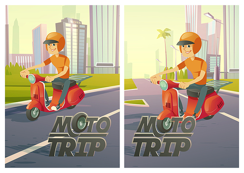 Moto trip posters with man on scooter on city street. Vector flyer with cartoon illustration of driver in helmet on motorcycle on background of cityscape with road and buildings
