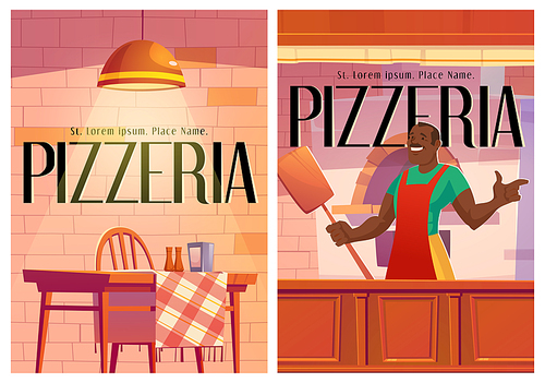 Pizzeria posters with cozy cafe interior and chef at counter. Vector flyers of restaurant or canteen with oven for pizza, cook in apron with scapula, table and chairs