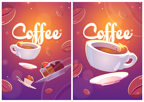 Coffee posters with illustration of cups and sweets. Vector flyers with cartoon mugs with hot brown drink, pastry, desserts and coffee beans. Cafe banner or menu cover design