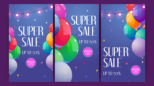 Super sale cartoon banners with colorful balloons, glowing garlands and confetti. Holiday promotional flyers with promo code, shopping discount offer, seasonal clearance Cards, Vector illustration