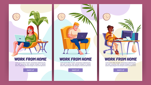 Work from home cartoon web banners, relaxed freelancers characters distant freelance occupation. Remote outsource job, self-employed workers with laptops in room, Vector mobile app onboard screens