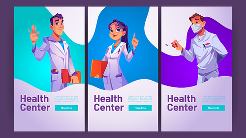 Health center medical ads web banners, online consultation service. Doctor waving hand invite in hospital Medicine online clinic appointment, cartoon background, Vector mobile app onboard screen pages
