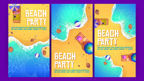 Beach party cartoon posters, ocean beach with sand and waves top view, lounge, umbrella, hat, bag and ball. Invitation flyers for summer vacation entertainment on hotel resort, Vector illustration