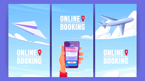 Online booking cartoon posters. Internet service for book and buy plane tickets. Banners with human hand holding mobile phone on blue sky background with flying airplanes and pins, Vector illustration