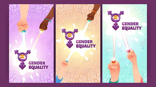 Gender  banners with male and female fists and symbol of sex equal. Vector posters of man and woman parity with cartoon illustration of sign of gender marks union