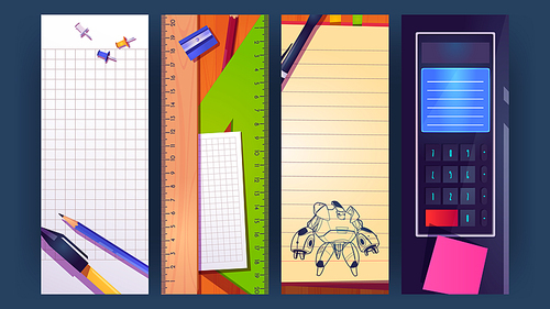 School bookmarks cartoon design with robot transformer drawing sketch, stationery pen sharpener, pencil and ruler on blank notebook pages, pins, sticky notes and calculator, Vector layout banners set