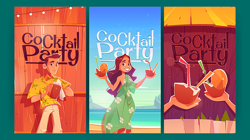 Cocktail party cartoon posters, invitation flyers with smiling woman wearing summer dress holding coconut drinks and barman wipe cup. Vector promo cards for exotic hawaiian beach resort bar recreation