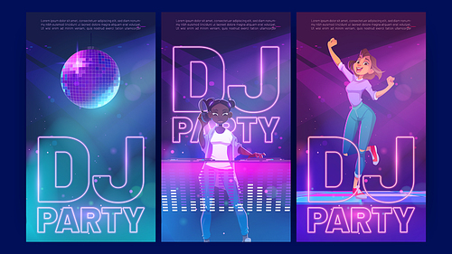 Dj party cartoon invitation posters, woman dancing in night club with african girl disc jockey with headphones playing music at console during dance festival or musical battle event, Vector ads flyers
