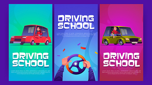 Driving school cartoon posters with driver hands on car steering wheel. Man and woman sitting in automobiles. Auto lessons for license, educational courses advertisement, Vector illustration flyers