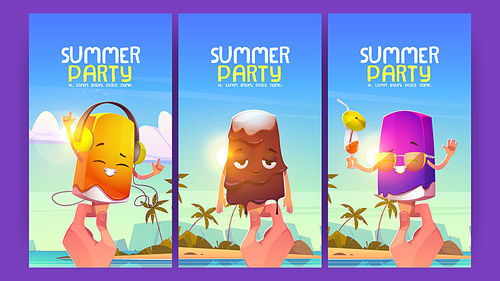 summer party cartoon posters with ice cream characters. invitation flyers with hand holding funny popsicle personages wear sunglasses and  cocktail. invite to resort event, vector illustration