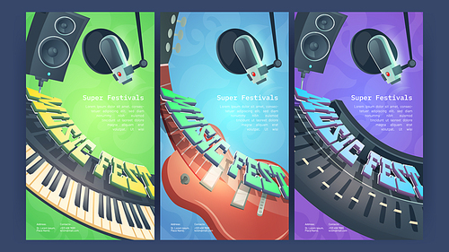 Music fest cartoon posters with electric guitar, synthesizer, dynamics and microphone in recording studio. Rock-n-roll musical disco party, pop concert, festival live event, Vector flyers retro design