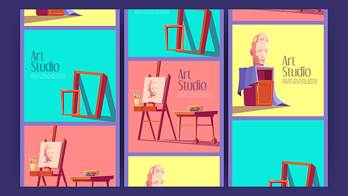 Art studio posters with canvas on easel, brushes and bust. Vector banners of artist class, workshop for painters with cartoon illustration of wooden easel, empty frames and portrait
