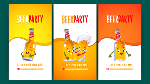 Beer party flyers with funny bottle and glass characters. Vector posters of event with brewery drinks in pub, bar of restaurant with cartoon illustration of cute lager pint hug with mug of beer