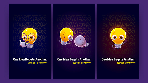 Idea posters with cute light bulb characters. Concept of one idea begets another, creative solution, inspiration. Vector banners with cartoon illustration of funny glowing lamp with book and magnifier