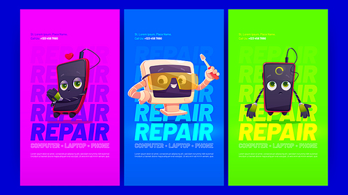 Repair service posters with smartphone and computer under renovation. Vector banners of gadget maintenance with cartoon illustration of broken mobile phone and pc with screwdriver
