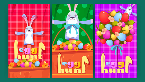 Egg hunt poster with cute bunny. Easter greeting cards, invitation flyers to spring holiday celebration. Vector banner with cartoon illustration of rabbit puppet, basket and topiary with colorful eggs