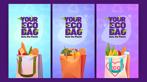 Eco bag save planet concept. Posters with cotton and paper shopping bags with grocery. Vector banners of environment protection, ecology care with cartoon illustration of cloth totes with grocery