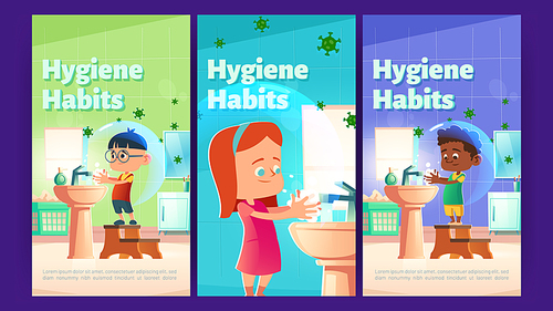 Hygiene habits posters with kids washing hands with soap. Vector banners of health care and prevention infection with cartoon illustration of children wash hands in sink and bacterias flying around