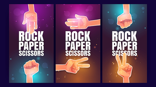 Rock, paper, scissors banners with hand gestures. Vector vertical banners of gesturing game, fun competition with cartoon illustration of human palm and arms in fist and victory symbol