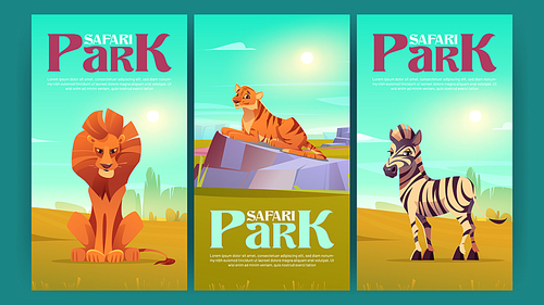 Safari park posters with wild animals. Savannah tour cartoon invitation flyers with african lion, tiger and zebra jungle inhabitants in outdoor zoo area. Beasts life in nature Vector invite cards