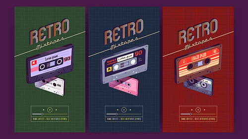 Retro mixtapes posters with old audio cassettes. Vector vertical ad banners with flat illustration of vintage audio tapes, stereo cassettes with pop and rock music of 80s and 90s