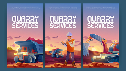 Quarry services posters with man in helmet, dumper and excavator in opencast mine. Mining industry engineer and machinery working at quarry, industrial technology Cartoon vector illustration, banners