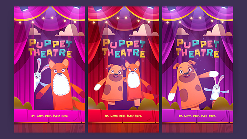 Puppet theatre, marionette show for kids posters with dog, rabbit and fox dolls on stage with red curtains. Vector invitation flyers with cartoon illustration of children theater with animal toys