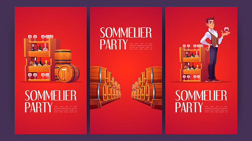 Sommelier party cartoon posters with man in wine shop holding wineglass with alcohol drink in hand. Seller examine beverage in store with barrels and bottles stand on wooden shelf, vector ads flyers