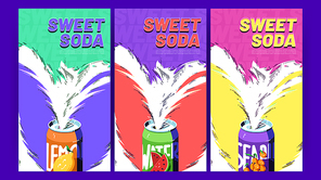 Soda ads posters with sweet drink splashing out of tin cans. Cold fresh juice or fruit water advertisement campaign, beverage promotional background in line art cartoon style, Vector illustration