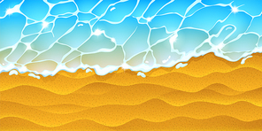 Summer sandy beach and sea waves top view. Ocean shore and shiny water surface. Vector cartoon illustration of coast with yellow sand, tropical seaside with blue water