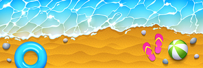 Sea beach top view, coastline with slippers, ball and inflatable ring on sand with blue foamy wave splashing. Summer vacation, holidays on ocean shore with clean water surface, 3d vector background