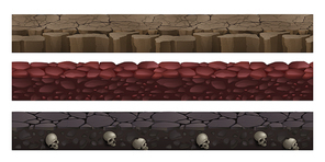 Game grounds with seamless texture of dry soil, red stones and rock land with fossil human skulls. Vector cartoon set of platforms for game levels, cracked desert and dirt landscapes