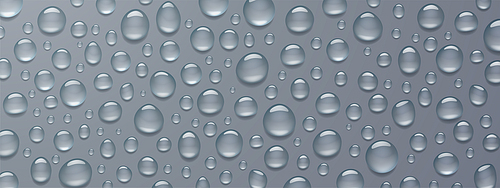 Texture of water drops on gray background. Vector realistic illustration of condensation of steam, vapor or fog on wet grey surface, clear aqua droplets from rain on glass