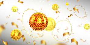 Abstract background with 3d balls, confetti and gold circles flying on blur effect backdrop. Golden spheres with decorative ornament, graphic design template for ads, Realistic vector illustration