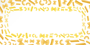 Background with pasta, italian macaroni and empty space. Vector banner with frame of realistic macaroni pieces, penne, farfalle, rigatoni and elbows isolated on white 