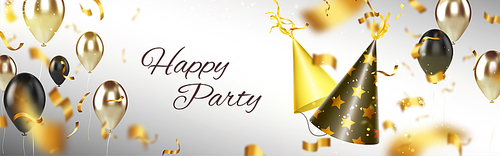 Happy party banner with birthday hats, balloons and confetti on defocused background. Anniversary celebration backdrop design with festive items. Realistic 3d vector invitation, greeting card, flyer