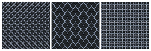 Metal net seamless patterns. Textures of iron grid, steel mesh from weave wire and rings for fence, chain armor, prison cage. Vector realistic illustration of metal lattice on black background