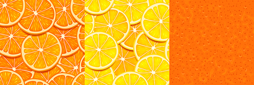 Textures of orange, lemon slices and peel. Seamless patterns with citrus fruit pieces and skin. Vector bright backgrounds of cut tropical fruit and orange rind for game design